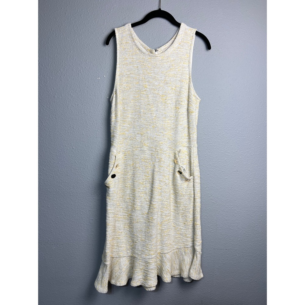 Loft Yellow White Tweed Ruffle Hem Sleeveless‎ Shift Dress Size 10 Cottagecore